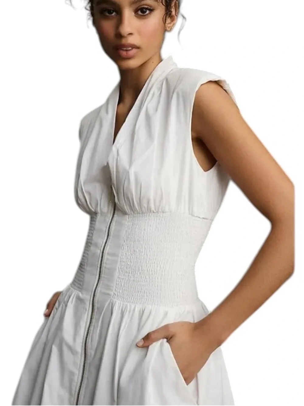 Anthropologie Cotton The Tommie Smocked Waist Front Zip Shirt Dress White Size M - Picture 3 of 13